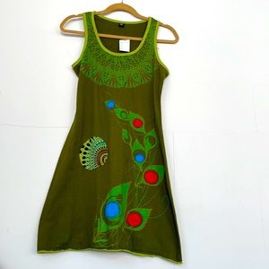 NWT 100% Cotton Embroidered Sleeveless A-Line Casual Dress in Olive, Size S/M